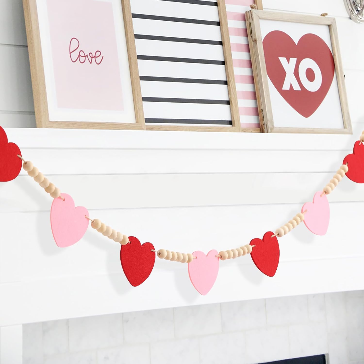 Valentines Day Decor, 1 Pcs Red Pink Felt Heart Wood Beads Garland for Valentines Decorations, Farmhouse Felt Banner for Fireplace Mantel Walls